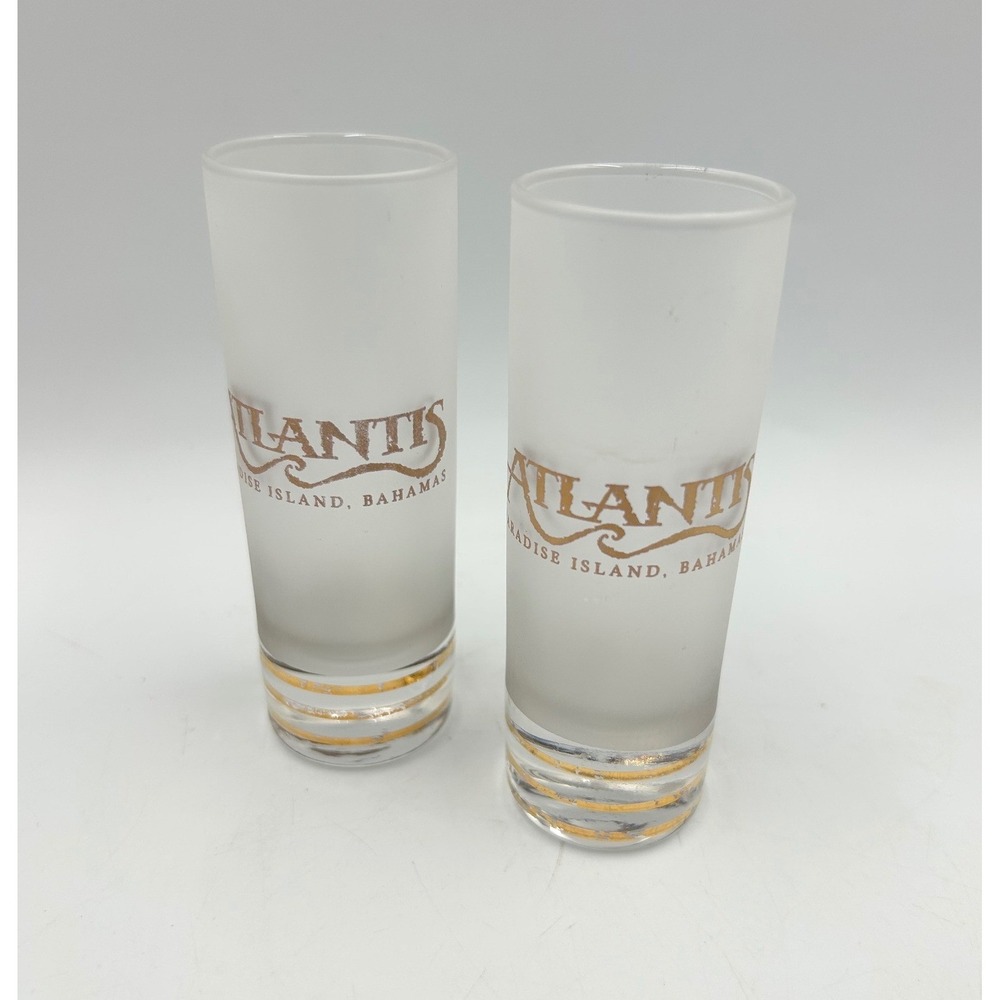 Atlantis Pair of Tall Shot Glasses Frosted Gold Bahamas Souvenir EUC Set of 2